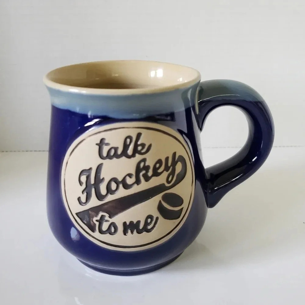 Large Pottery Style Fat Bottom Mug,Blue/Tan,Talk Hockey to Me.